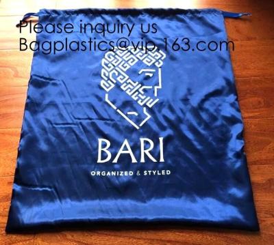 China Large Dark Navy Blue Satin Dust Bag With Drawstring,Thick Black Satin Pouch With Gold Printing, bag with Printed Ribbon for sale