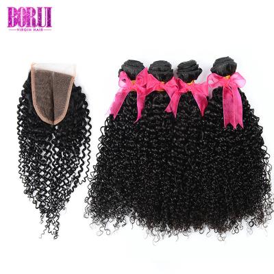 China Unprocessed Malaysian Human Hair Kinky Curly 3/4 Bundles With Lace Closure for sale