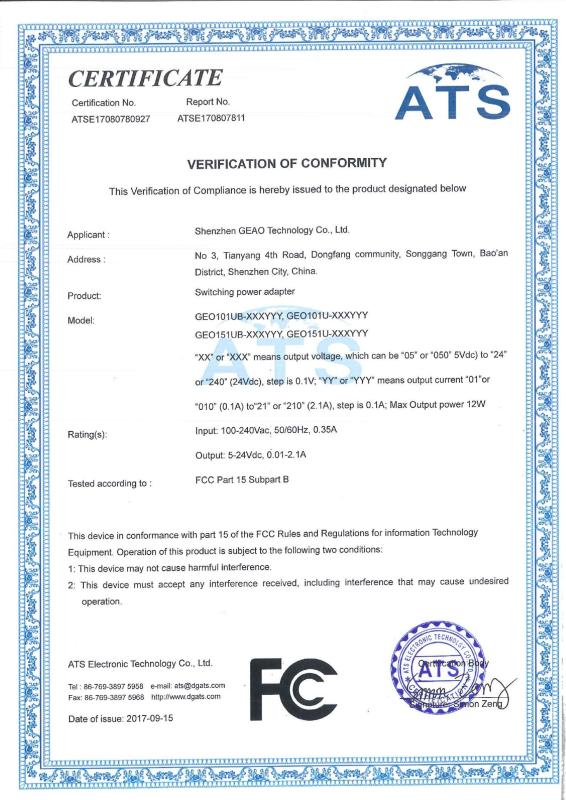 Power Adapter FCC Certificate - Shenzhen GEAO Technology Co., Ltd.