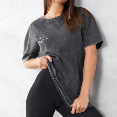 China Oversized Acid Wash Ladies Sport T Shirts Short Sleeve Blank Plain Dyed Tee Shirts for sale