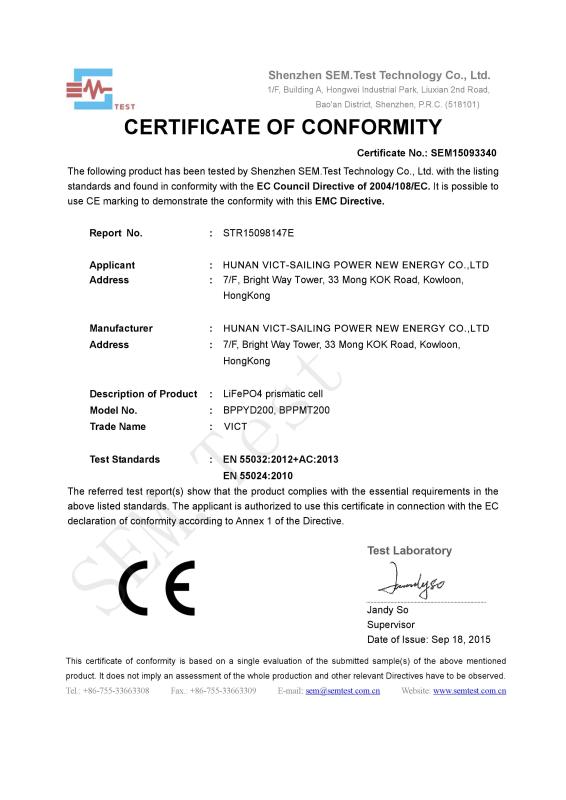 Certificate Of Conformity - Hunan Vict-Sailing Power New Energy Co.,LTD