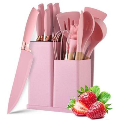 China 19pcs Non-Stick Silicone Cooking Kitchen Utensils Spatula Set With Holder, Wooden Handle Silicone Kitchen Gadgets for sale