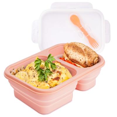 China 2 Compartments Collapsible Lunch Containers With Lid Lunchbox With Utensils Foldable Silicone Bento For Adults BPA Free for sale