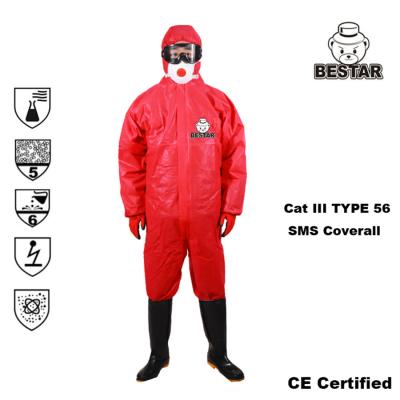 China 3 layer Nonwoven Red SMS Disposable Medical Coveralls Type 56 for sale
