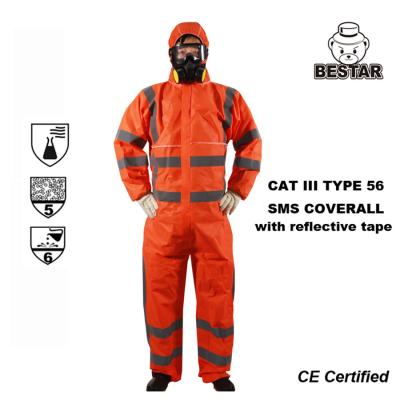 China CE Certified Cat III Type 5/6 SMS Coverall with reflective tape for sale