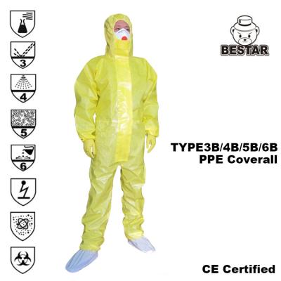 China Yellow Disposable Chemical Coveralls Biological Overalls TYPE3B/4B/5B/6B for sale