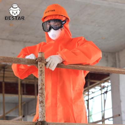 China Red Disposable Biohazard Suit Non Woven Fabric Coverall With Hood for sale