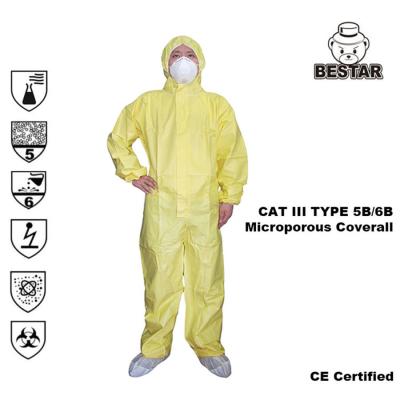 中国 EN 14126の黄色く使い捨て可能な医学のつなぎ服のタイプ5B/6B 販売のため