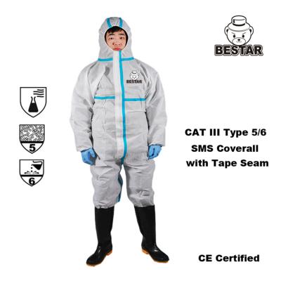 China Type 5/6 SMS Disposable Polypropylene Coveralls Bunny Suit Cat III With Tape Seam for sale