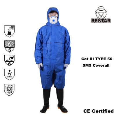 China Antistatic Blue Disposable Isolation Suit Throw Away Paint Suits Cat III Type 56 for sale