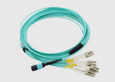 China 8 Fiber OM3 Aqua Female to Male MPO to 4x LC Duplex Fiber Breakout Cable for sale
