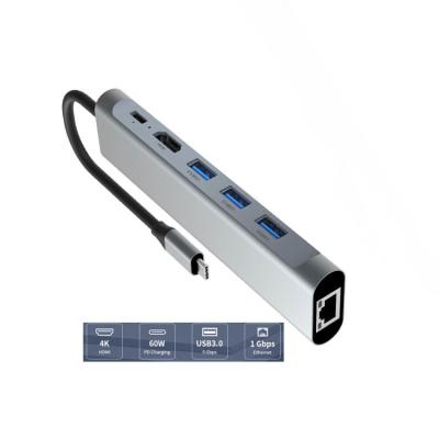 China 4K HDMI 6 en 1 tipo paladio de la estación de acoplamiento 60W del eje de C 5Gbps USB que carga 1000Mbps en venta