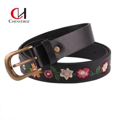 China Embroidered Flower Vintage Ladies Leather Belt Classical Resort Style for sale