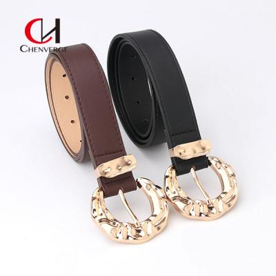 China ODM Ladies Leather Belt Personality Gold Sense Zinc Alloy Metal Buckle PU Belt for sale