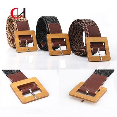 China PU Retro Braided Belt Women'S Simple Resort Style Wood Buckle for sale