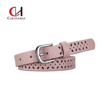 China ODM Classic Leather Belt Womens Pink Young Fashion Needle Button Hollow Out Te koop