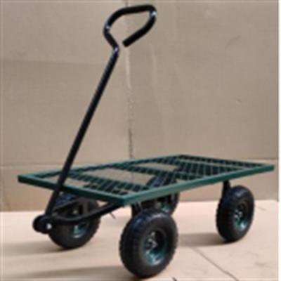 China Metal Heavy Duty Yard Cart Four Wheel Mesh Deck Steel Wagon Hose Reel Tool Cart for sale