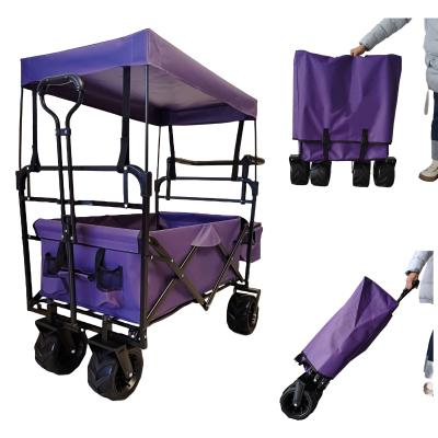 China Outdoor Camping Folding Wagon Canopy On Top Adjustable Handle Wide Wheel Purple for sale
