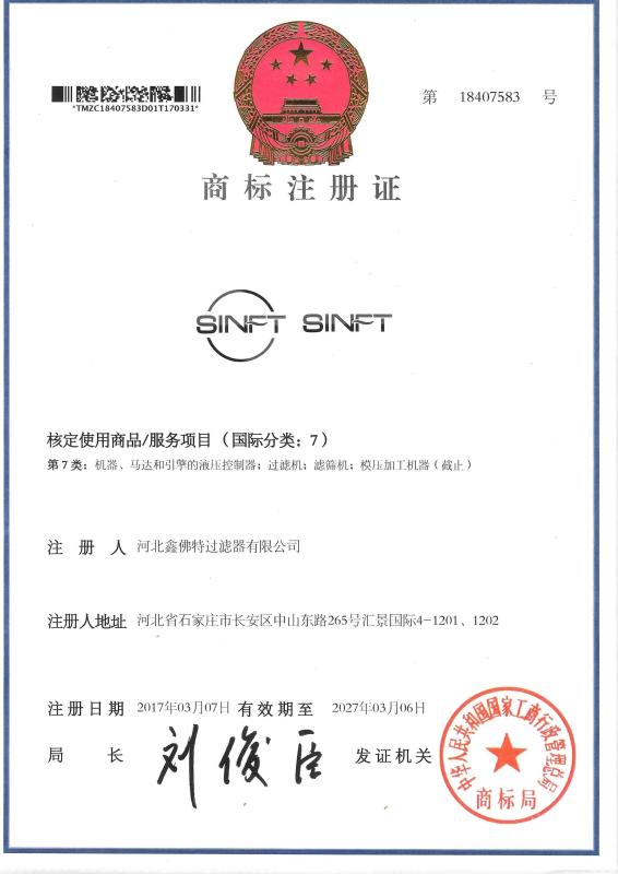 Trademark Certificate - Hebei Sinft Filter Co., Ltd.