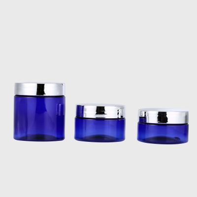 China frascos plásticos dos azuis cobalto vazios de 50ml 60ml 120ml com a tampa plástica de prata do parafuso à venda