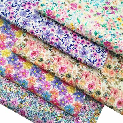 China Shiny Spring Flower Printed Glitter Cotton Velvet Bottom PU Leather Fabric for sale