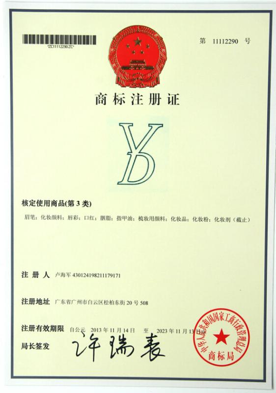 TRADEMARK REGISTRATION CERTIFICATE - Guangzhou Wenshen Cosmetics Co., Ltd.