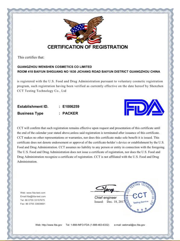 FDA CERTIFICATE - Guangzhou Wenshen Cosmetics Co., Ltd.
