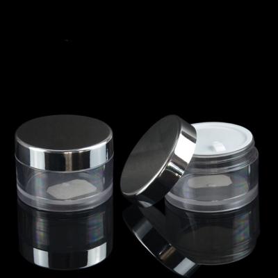 China Customized 30ml 50ml PETG Cosmetics Cream Empty Jar With Electroplated Lid for sale