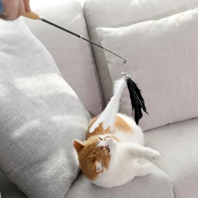 China Palillo divertido retractable del gato, juguetes interactivos del gatito con la manija de madera sólida en venta
