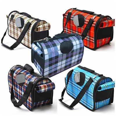 China Plaid Pattern Pet Carrier Bag Lovely With Adjustable Dismountable Long Belt for sale