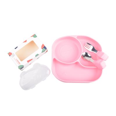 China OEM ODM Baby Silicone Feeding Set Plate Spoon Fork And Bowl Pink for sale