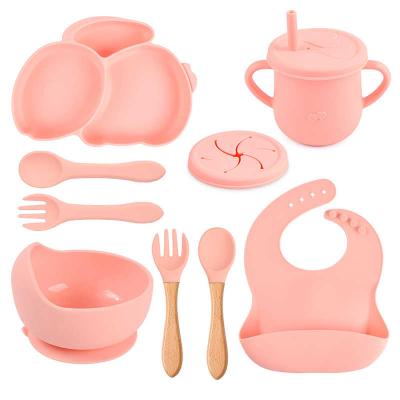 China 9pcs Rabbit Baby Silicone Feeding Set Pink Silicone Bib And Bowl Set for sale