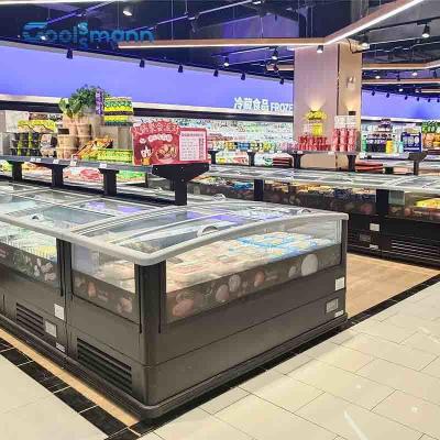 中国 横のスーパーマーケットの島のフリーザーR290の開いたガラスふたの箱冷却装置710L 販売のため