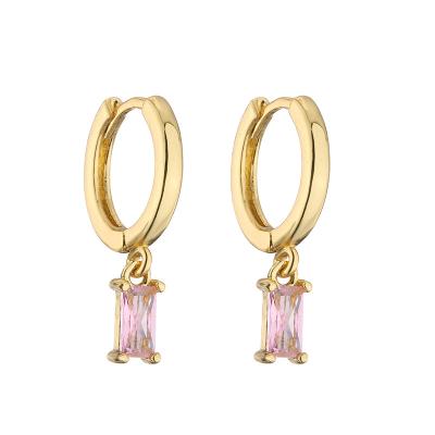 China Gold Plated 18K Hoop Earrings Rectangle Water Drop Pink Zircon Diamond Pendant for sale