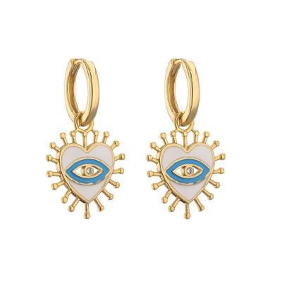 China Crystal Enamel 14k Gold Jewelry Turkish Heart Shape Evil Eye Hoop Earrings for sale