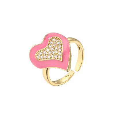 China Women 18K Diamond Ring Pink Rhinestone Enamel Heart Ring OEM for sale