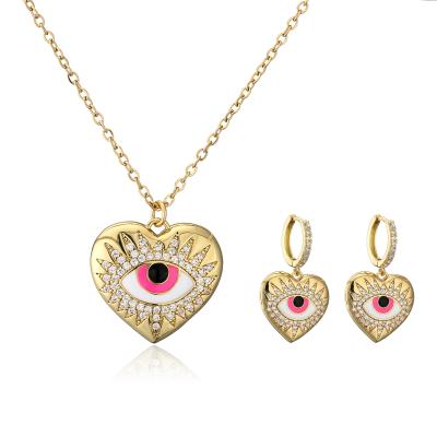 China 18K PLATED DEVIL EYE CHARM DIAMOND HEART EARRINGS AND NECKLACE SET for sale