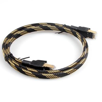 China Nylon Ethernet Cat7 Patch Cord Flat Black Yellow Braided High Speed for sale
