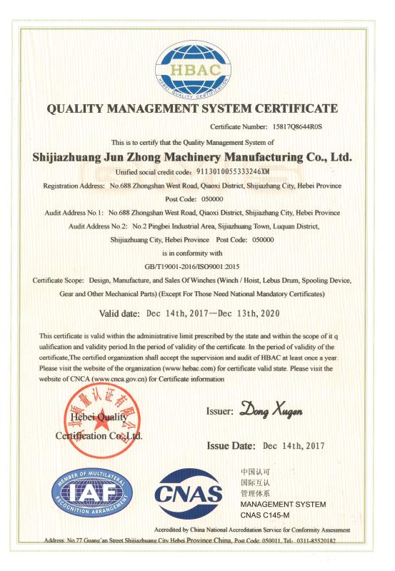 QUALITY MANAGEMENT SYSTEM CERTIFICATE - Shijiazhuang Jun Zhong Machinery Manufacturing Co., Ltd