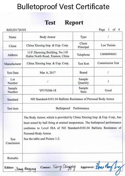 Bulletproof Vest Certificate - China Xinxing Xiamen Import and Export Co., Ltd.