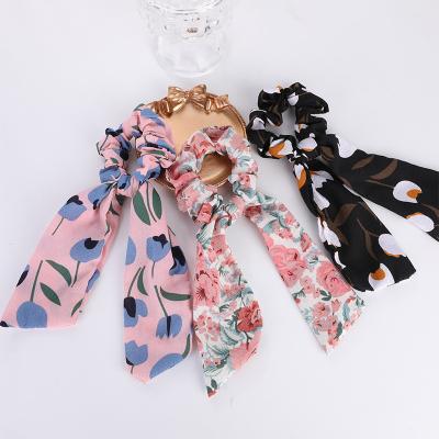 China Silk Scarf Hair Tie Ponytail Holder Bow Pearl  Broken Flowers 9 Inch for sale