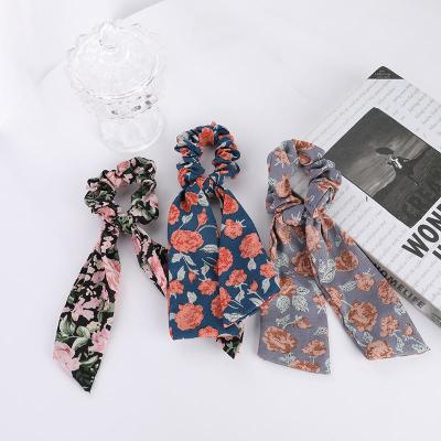 China Pure 100 Silk Hair Scrunchies Retro Hair Tie Rubber Band Floral Ribbon 14x23cm for sale
