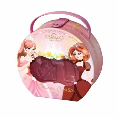 China Pink Snap Closure Birthday Gift Makeup Box Round With PU Handle for sale