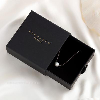 China Pull Out Black Cardboard Necklace Box With 1.5cm Thick Sponge for sale