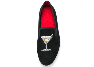 China Embroidery Mens Velvet Loafers Mens Black Smoking Slippers With Wine Glass Design for sale