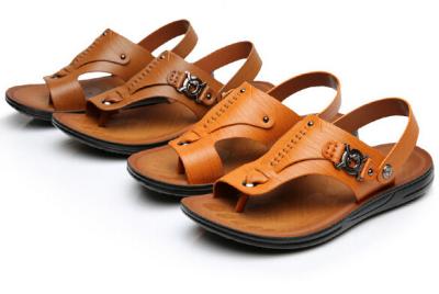 China Brown Casual Mens Leather Sandals /  Mens Summer Beach Sandals With Buckle Strap for sale