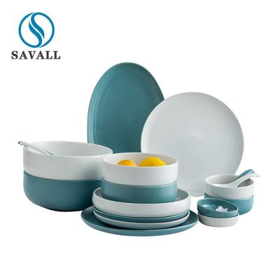 China Savall White Blue Ceramic Dinner Set Round Oval Porcelain Table Set for sale