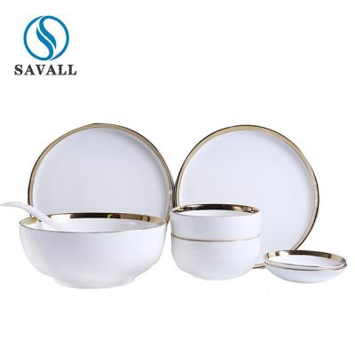 China High Gloss White Porcelain Plates With Gold Trim Ceramic Tableware Set for sale