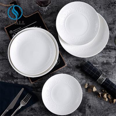 China Round Solid Bright White Shabby Chic Savall Porcelain Plates Dishwasher Safe for sale