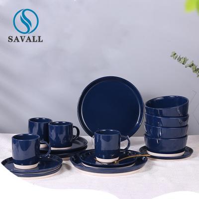 China Escuro - grupo azul dos utensílios de mesa de Dinnerware Savall Ceramic do artesão 16PCS à venda